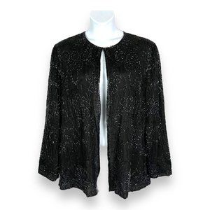 Scala Beaded Silk Cocktail Jacket Hip Length Black Floral Beadwork Size XL